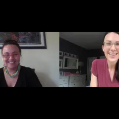 Two women shown in separate video conferencing windows. One is wearing a black shirt and there is a painting on the wall behind her; the other is wearing a maroon shirt and has furniture and doors behind her.