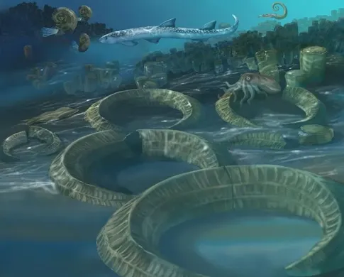 Color illustration of an underwater scene in an ancient ocean, featuring swimming ammonites, a long, thin fish, and crescent-shaped piles of sand on the seafloor.