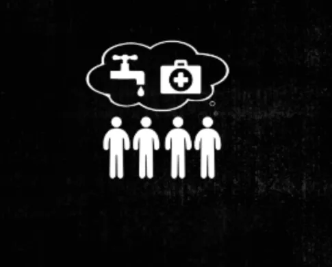 illustration of four stick figures with images for water and medical care.