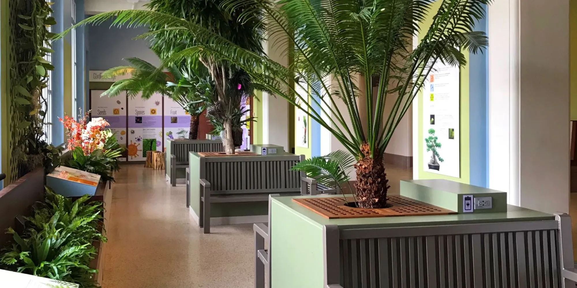 view of the garden lounge with plants and a bench