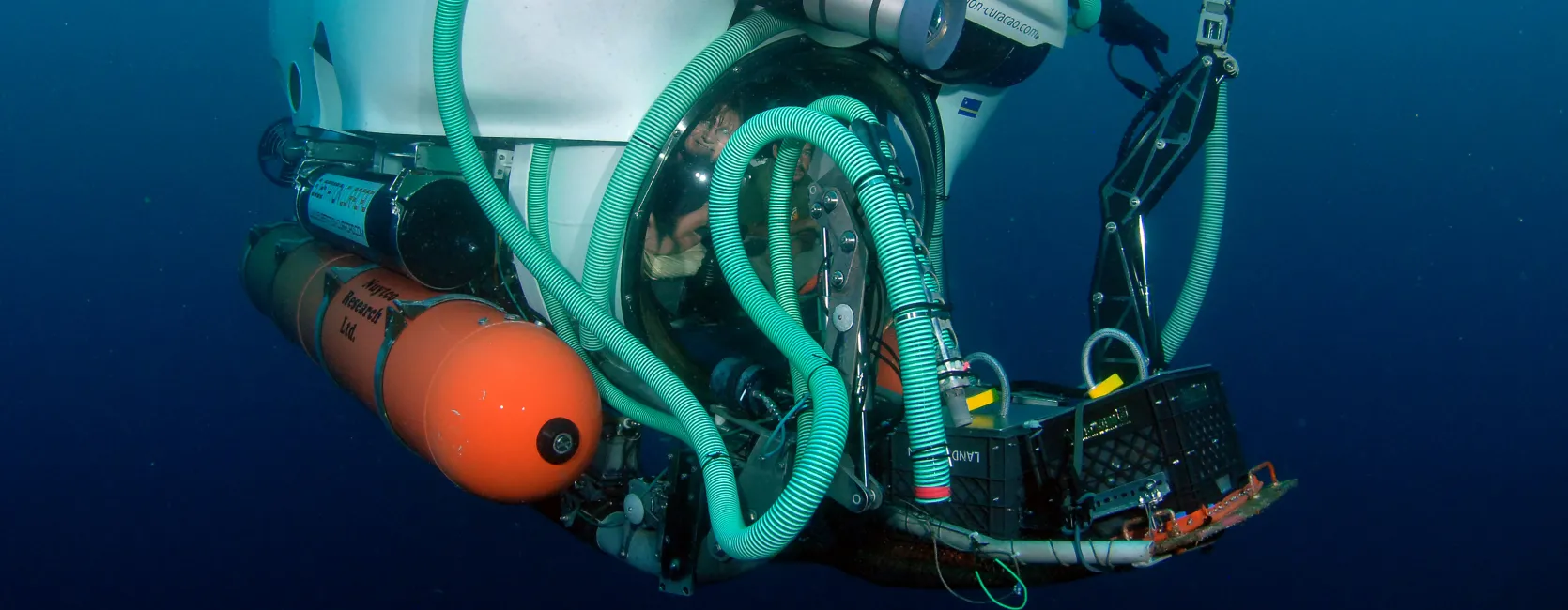 Smithsonian researchers N. Knowlton and C. Meyer retrieving ARMS from 200m. depth in Curacao using a man-operated submarine. Copyright Barry Brown