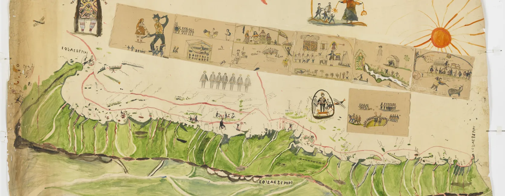 Pictographic map, from approximately 1925, of San Blas coast prepared by Tule Chief Igwa Nigdibippi for John P. Harrington. This map of the Caribbean coastline of Panama includes Kuna placenames as well as various drawings of persons and events.