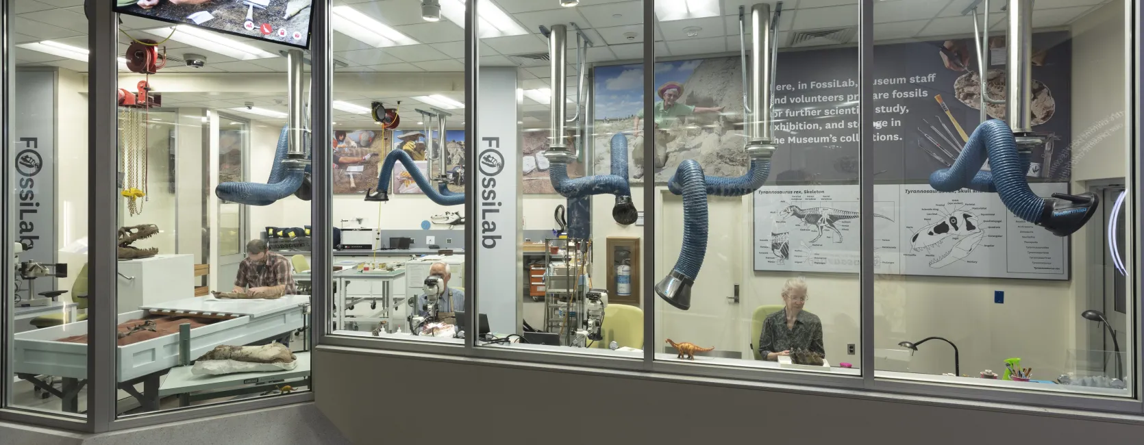 image of three paleontologists preparing fossils in a lab