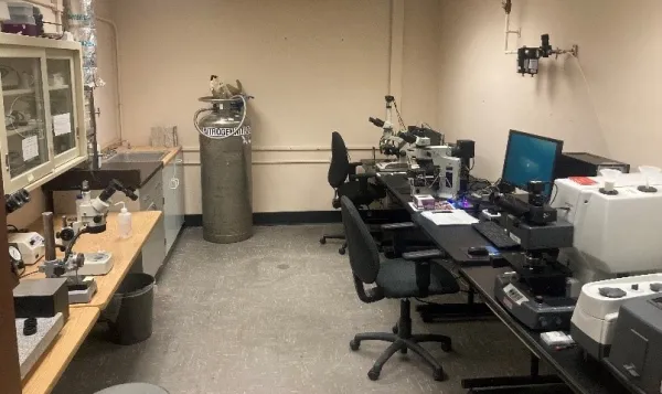 Lab featuring several microscopes and a gray nitrogen tank