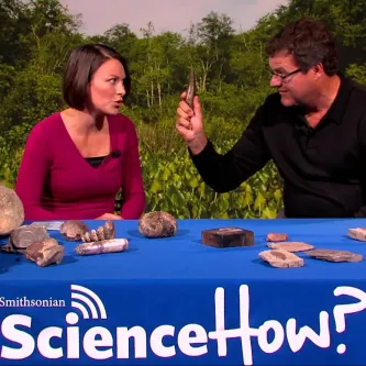 A woman in a red shirt and man in a black shirt sitting at a table with plant and animal fossils. He is holding a fossil.