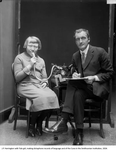 J.P. Harrington with Tule girl, making dictaphone records of language and of the Cuna in the Smithsonian Institution, 1924.