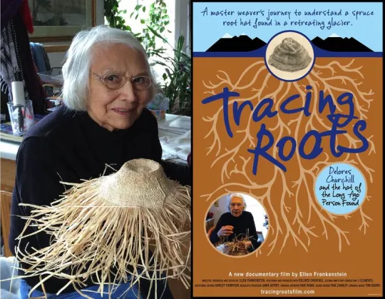 Elder woman holding a woven hat; film cover reading "Tracing Roots" by Ellen Frankenstein.