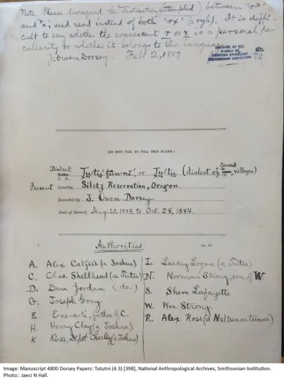 Cover page of a 200-page manuscript that documents the Tutuni language; lists authorities present on the page.