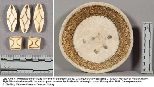 Two images; left one depicts buffalo bone dice; right is a circular woven basket.