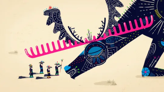 Wixárika (Huichol) logo; colorful animal kneeling down towards four people.