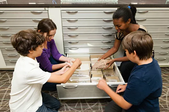 Four children kneeling next to an open drawer in a metal cabinet. The drawer has plastic boxes in it. Two children hold what look like rocks or minerals they have removed from two of the boxes.