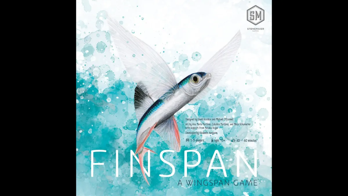 Graphic of a flying fish leaping out of the water. Text reads, Finspan: A Wingspan Game. SM, Stonemaier Games
