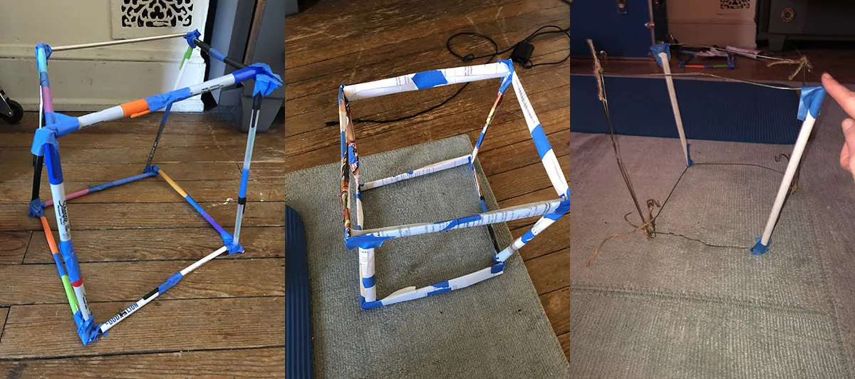 Three homemade biocubes: One made from magic markers taped together in the shape of one cubic foot; another made from rolled up magazines; and another made from coat hangers.