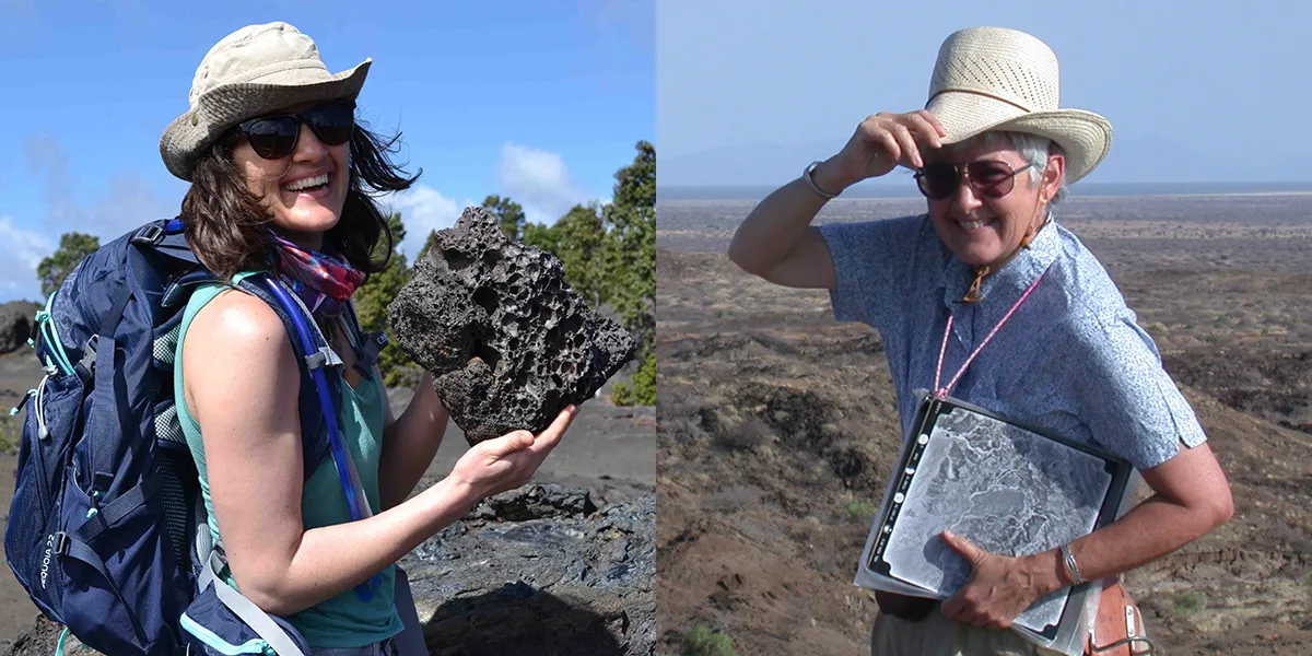 Montage of two images of women scientists wearing beige field hats: Camilla Souto and Kay Behrensmeyer