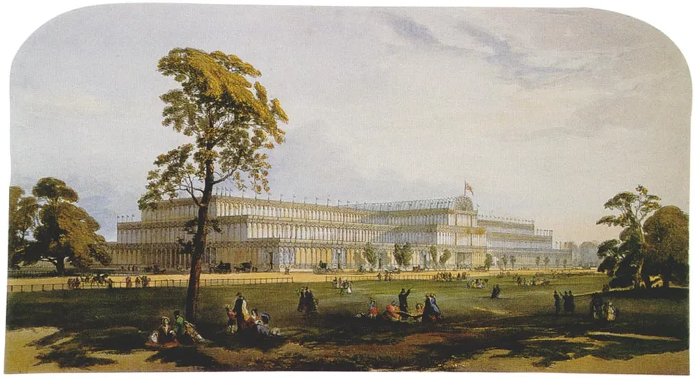 Illustration of groups of people outside a large exhibition building