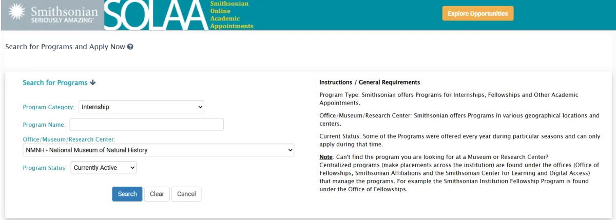 Screenshot of a web page with a search box on the left side titled Search for Programs. The dropdown menu for Program Category is set to Internship. The Office, Museum, Research Center drop-down menu is set to NMNH - National Museum of Natural History. The Program Status drop down menu is set to Currently Active.